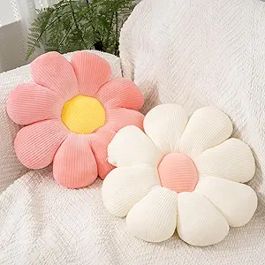 2 Pcs Flower Pillow Decorative Throw Pillows for Girls Preppy Room Decor, Cute Aesthetic Flower Daisy Shaped Throw Pillows for Bedroom Bed Couch Chair Floor Classroom (White+Orange Pink, 15.35 Inch)
