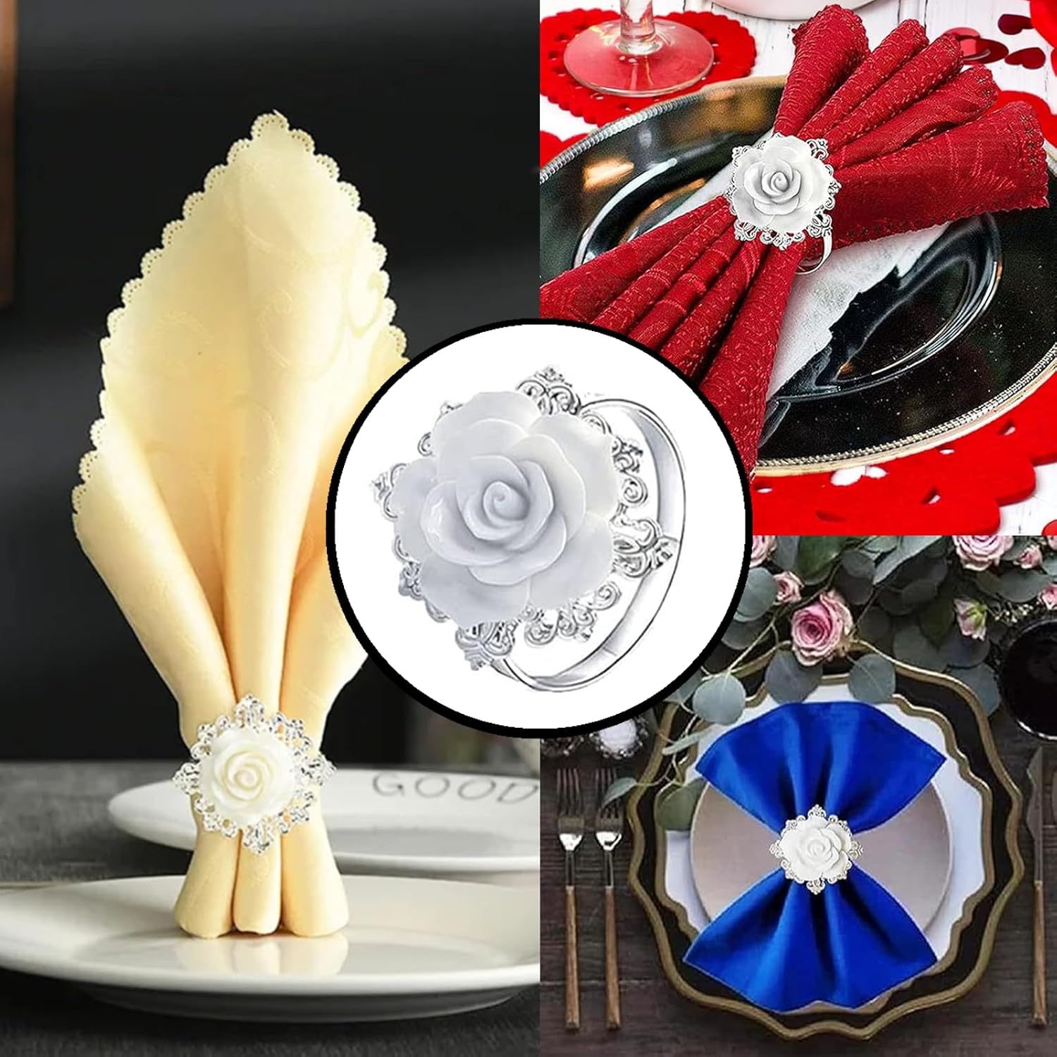 Flower Napkin Rings, Silver, 8 PCS