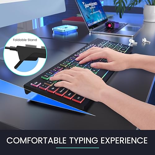 Miniatura 7 de Teclado retroiluminado con cable, teclado de computadora iluminado con soporte ajustable de 8, diseño ergonómico, teclas a prueba de derrames, cable