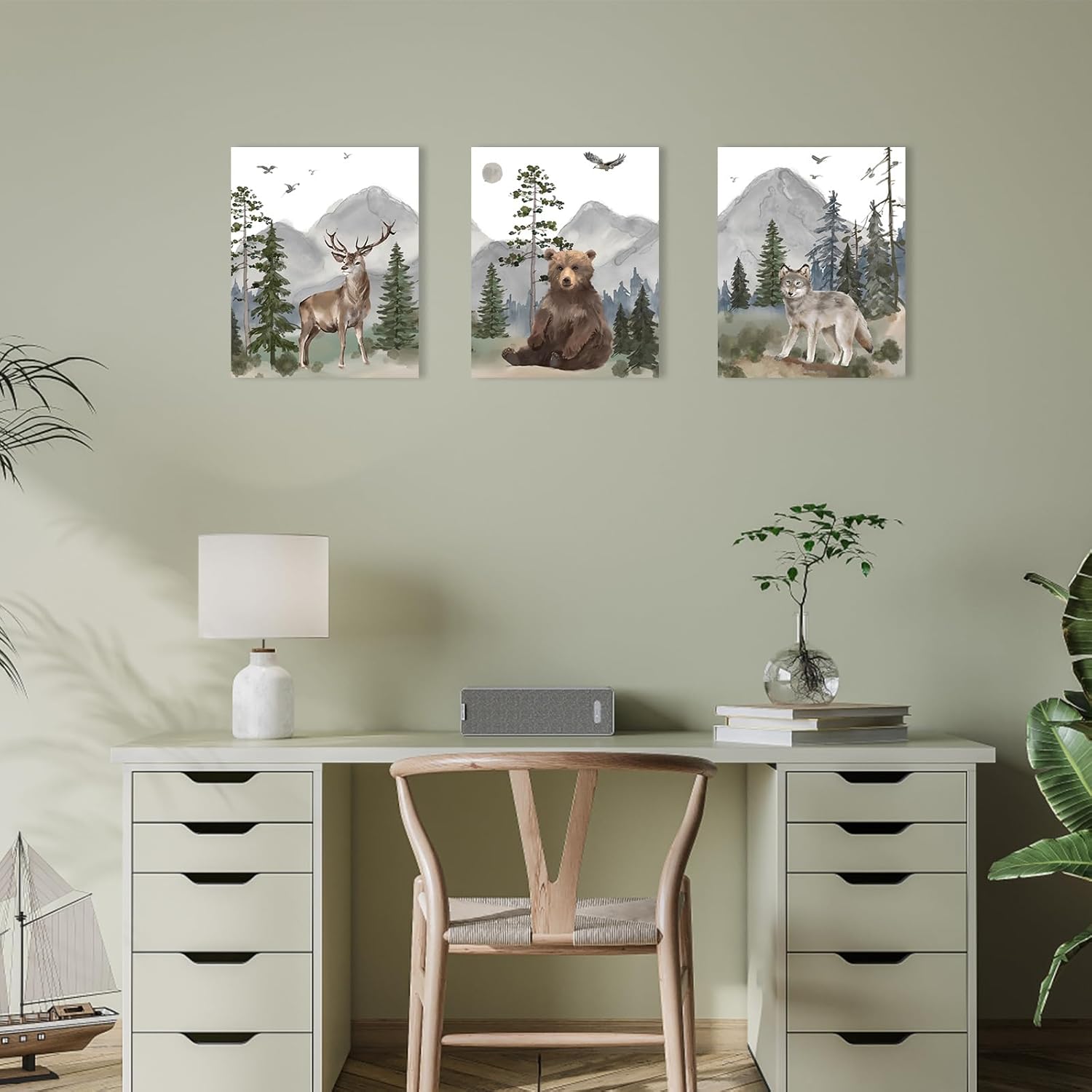 Woodland Nursery Wall Art Decor: Forest Themed Animal Wall Art Prints Canvas Posters Nursery Decor for Boys Girls Room,Wildlife Deer Bear Wolf Pictures for Bedroom Wall Decor,12x15 Inch,Set of 3