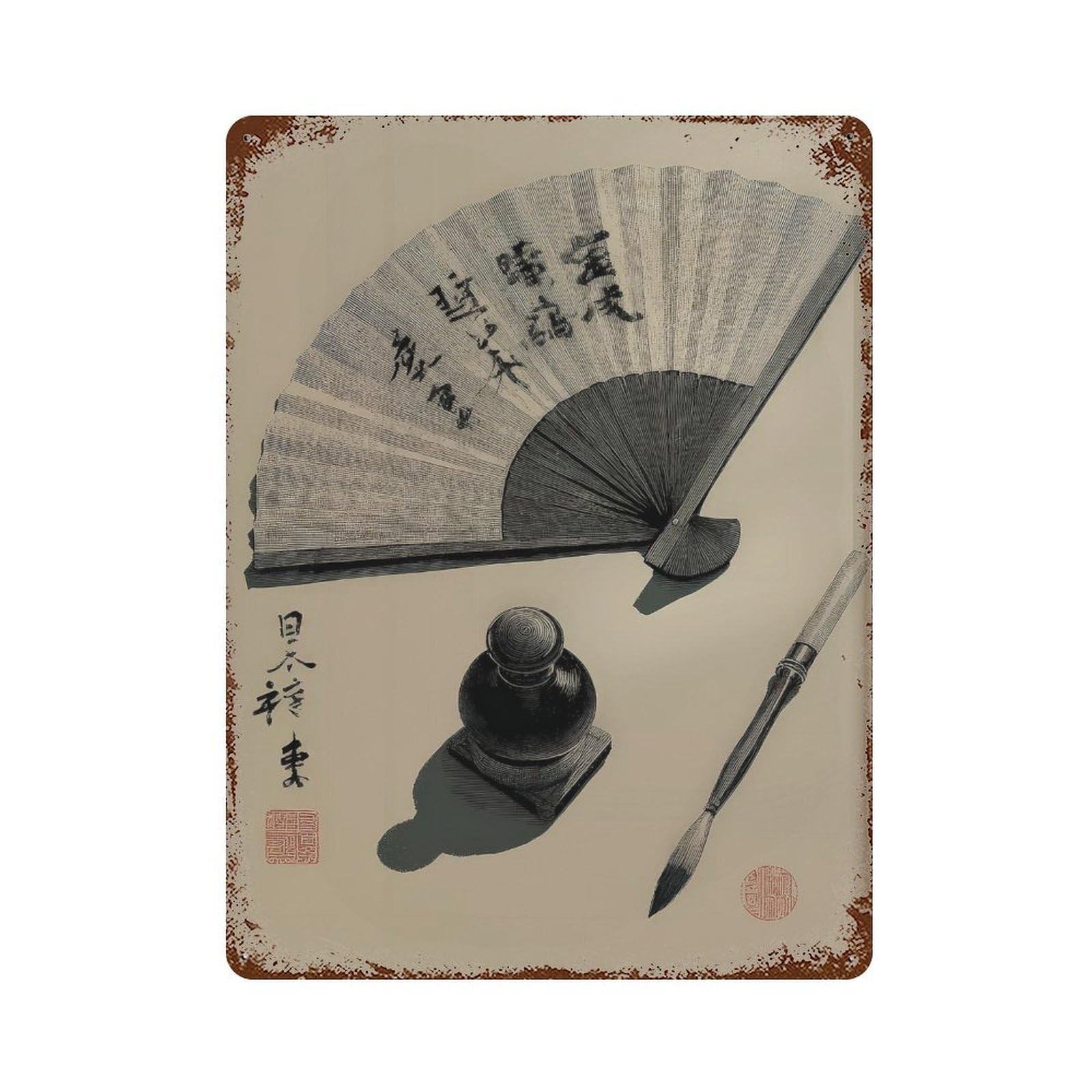 xiaoxiaoshen Japanese Calligraphy Fan. Asian Traditional Ink Wall Decor Art Metal Tin Poster Modern Home Decor Art Home Bar Shop Decorations Vintage Sign 40x30cm