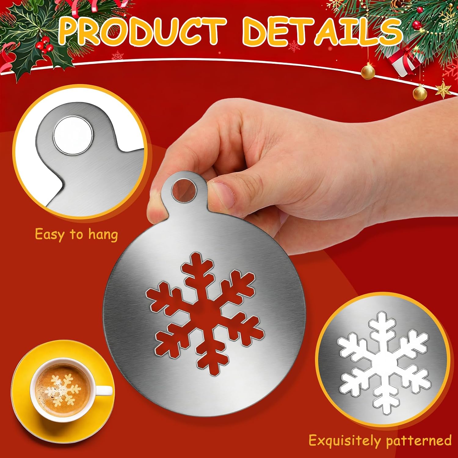 Angoily Christmas Baking Stencils Set – 4pcs Reusable Cake Art Templates with Gingerbread, Snowflake, Snowman, and Christmas Tree Designs for Coffee Latte and Cake Decorating