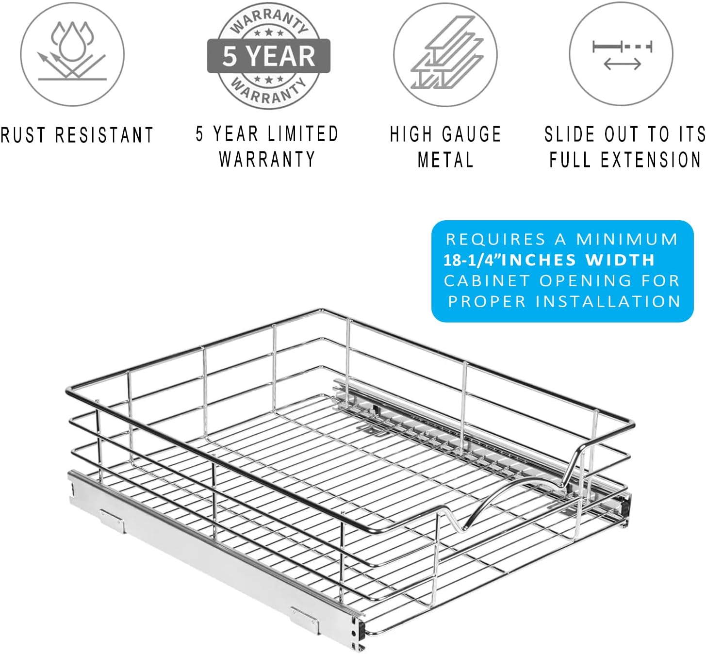 HOLDN’ STORAGE Pull Out Cabinet Organizers – 5” High Slide Pull Out Drawers for Kitchen Cabinets – Heavy Duty-with 5 Year Limited Warranty – Basket Size 17"W x 21"D x 5"H