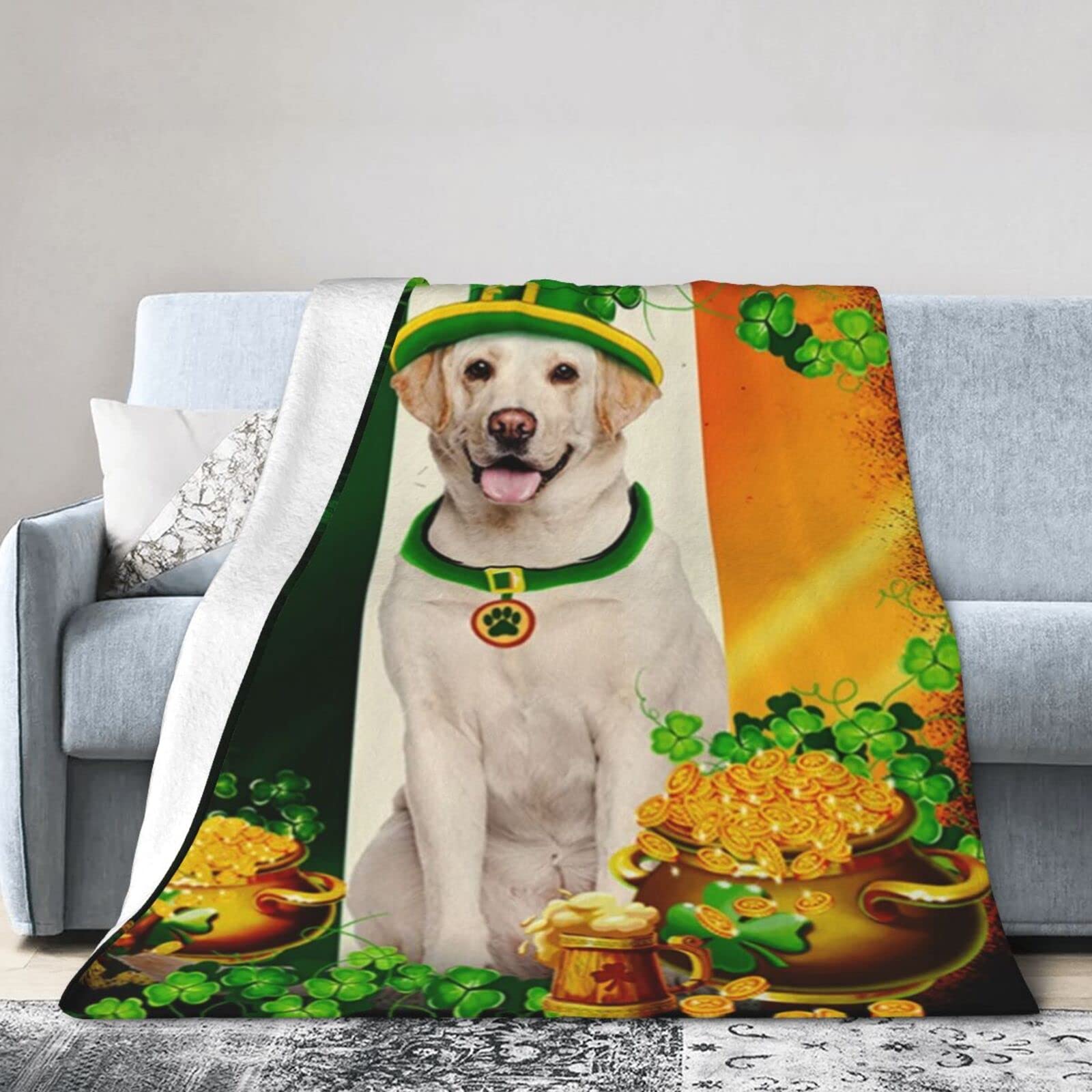 Lsjuee Flannel Fleece Blanket 50"X40" Yellow Labrador Retriever Happy St. Patrick‘s Day Bed Throw Blanket Funny Ultra-Soft Travel Spring Blankets for Girls Keep Warm