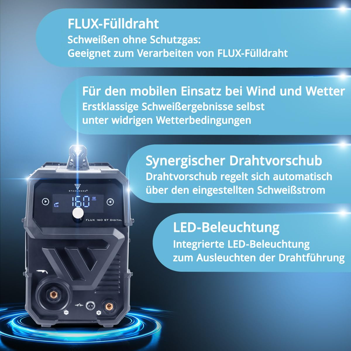 STAHLWERK Schweißgerät FLUX 160 ST Digital – Vollausstattung – 3-in-1 Kombi mit 160 A, Fülldrahtschweißen ohne Schutzgas, MMA (E-Hand/ARC), Lift-TIG (DC), synergischer Drahtvorschub, LED-Licht