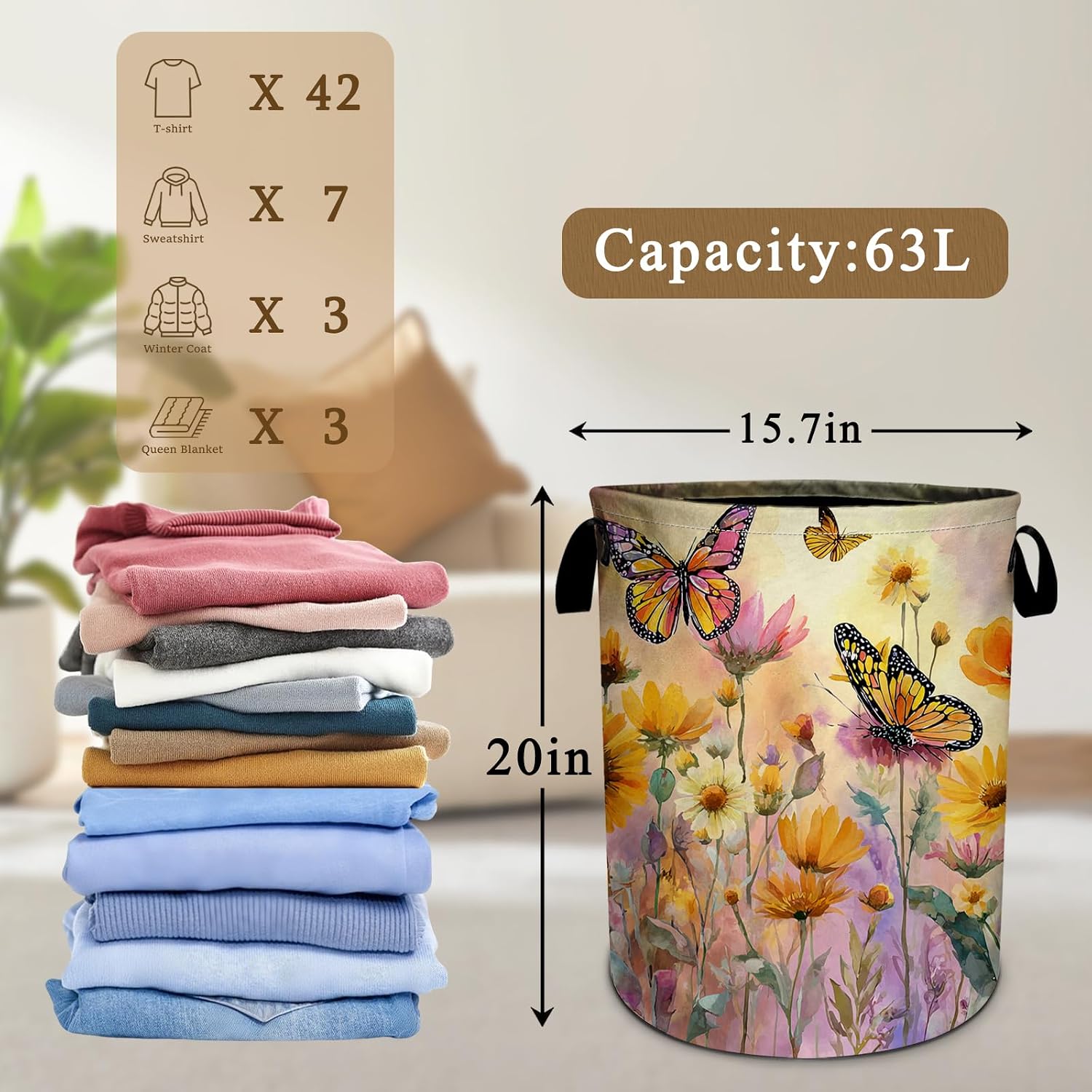 Watercolor Flowers Butterfly Laundry Basket Collapsible Oxford Cloth Laundry Hamper with Handle Waterproof Clothes for Dorm Bathroom Bedroom 15.7 X 20 Inch image 2
