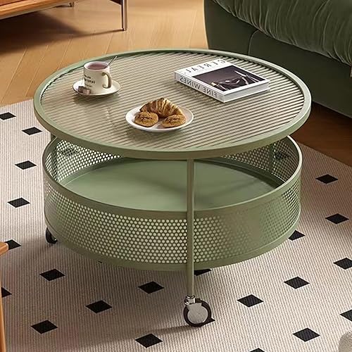 Miniatura 8 de Mesa de centro de cristal con ruedas giratorias, mesa de té redonda de 2 niveles con cesta de almacenamiento hueca de hierro, moderna mesa central
