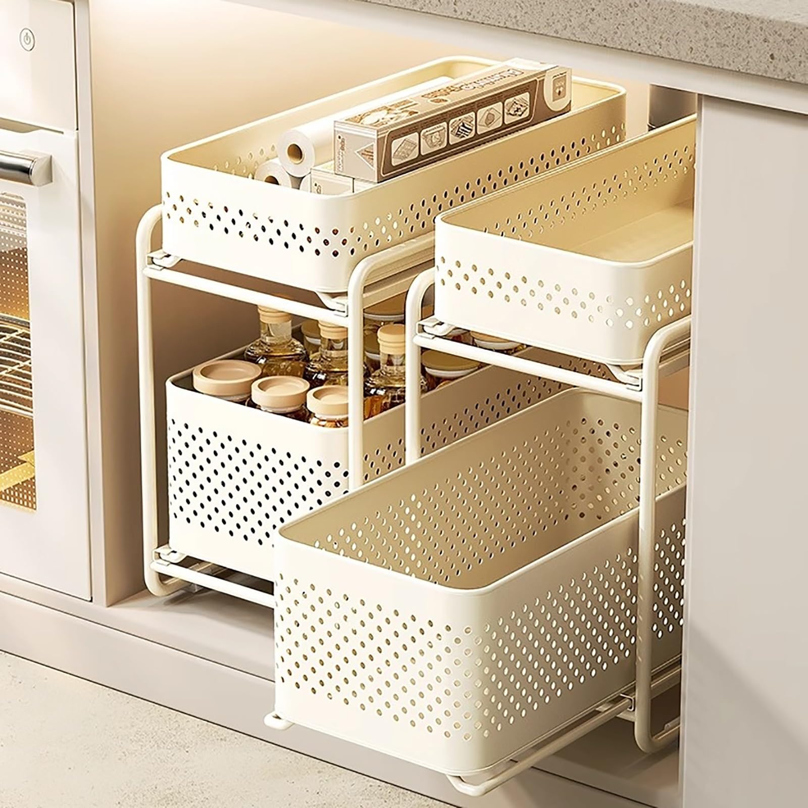 Mensola Portaoggetti Scorrevole a 2 Livelli per Cucina, Organizer Sottolavello, Cesto in Rete con Maniglia per Bagno(Small)