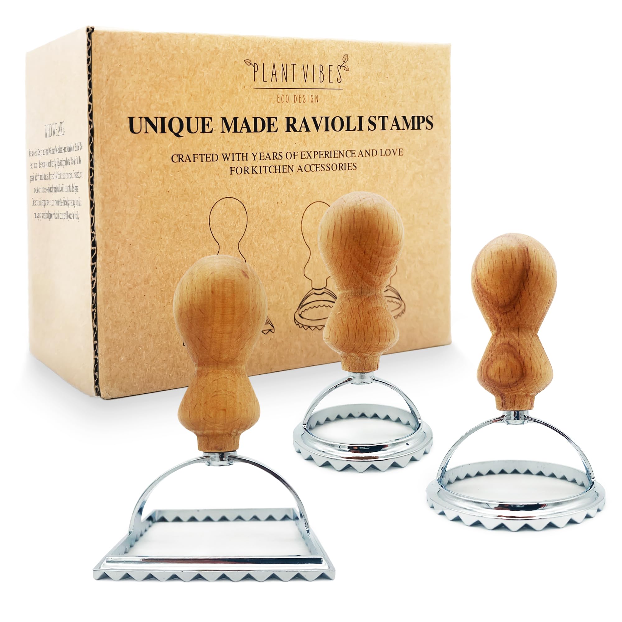 Plantvibes Ravioli Cookie Cutter Set of 3 Beautiful Ravioli Shapers with Wooden Handle, Ravioli Stamp and Ravioli Cutter โ image 1