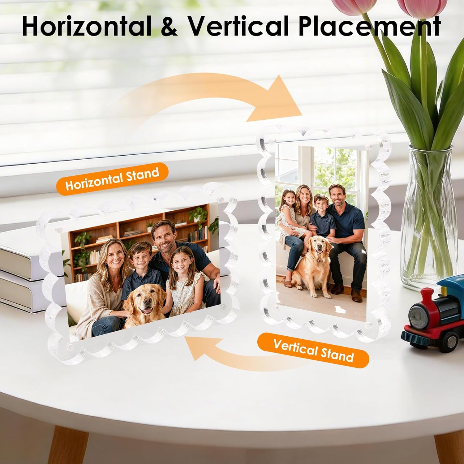 3 Pack Acrylic 4x6inch Magnetic Picture Frame,Double Sided,10+10mm Thick Block,Picture Frames Acrylic Photo Scalloped Frames Freestanding Gifts for Desk,Fridge, Locker,Office Cabinet(Clear,4x6)