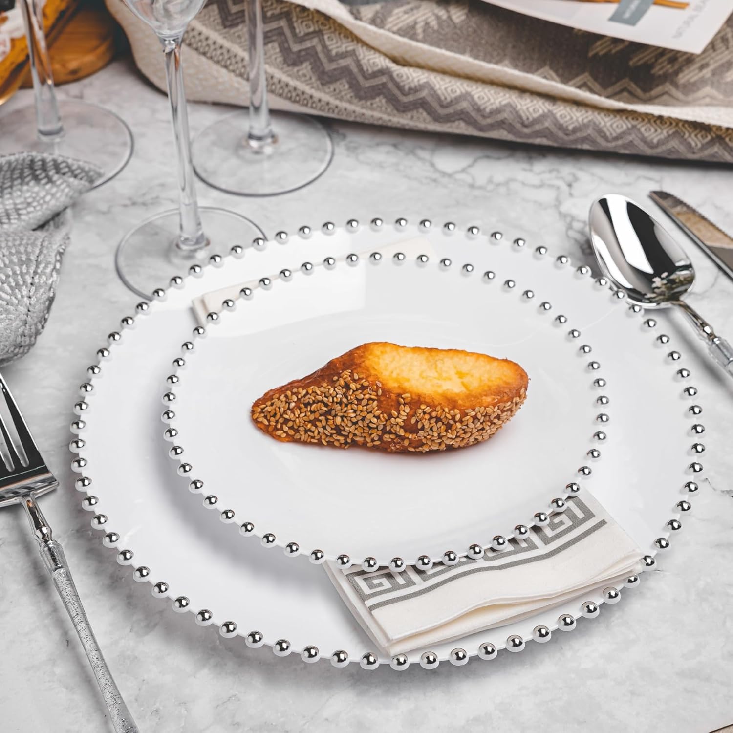 HOMIP 50PCS Fancy Disposable Dinnerware Party Set, Elegant Plates Include 25Pcs Dinner Plate 10", 25Pcs Dessert Plate 7" with Silver Bead Rimed,Plastic Silverware for Wedding Birthday Party - Image 7