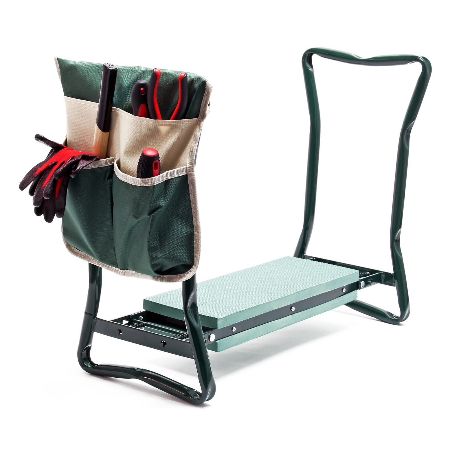 Tabouret de Jardinier 2 en 1 – 650 x 270 x 490 mm – Capacité 150 kg – en Fer et EVA – Agenouilloir de Jardinage Pliable avec 2 Poches, Assise rembourrée, Siège Jardinier