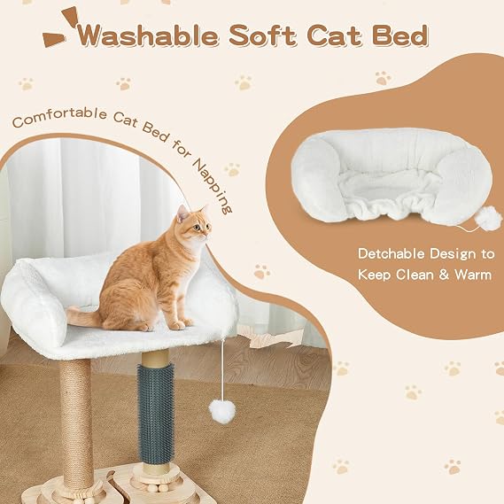 Cat Scratching Post with Bed, 4-in-1 Small Cat Tree Tower | Sisal Scratcher, Elevated Washable Bed, Track Ball Toy, Built-in Self-Groomer