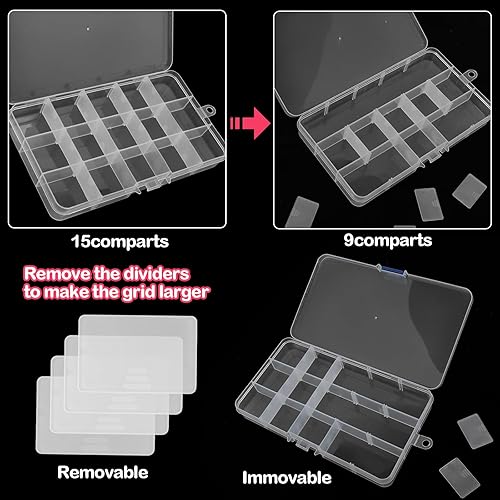 Miniatura 3 de WLLHYF Caja organizadora de plástico transparente de 15 rejillas, caja de almacenamiento para manualidades, manualidades, joyería, aparejos de pesca