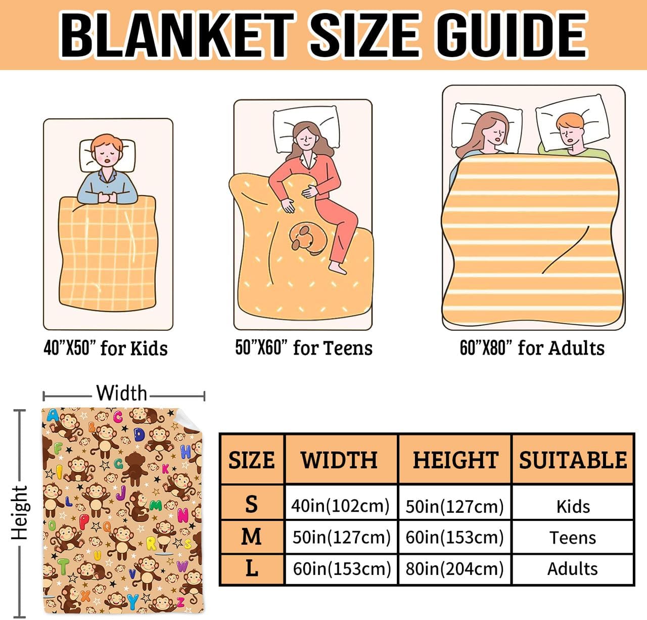Cute Monkey Blanket Decor Gifts Ideas, Ultra-Soft ABC Alphabet Flannel Throw for Kids Boys Girls, Gifts for Monkey Lovers - 40" x 50" for Kids & Small Throw