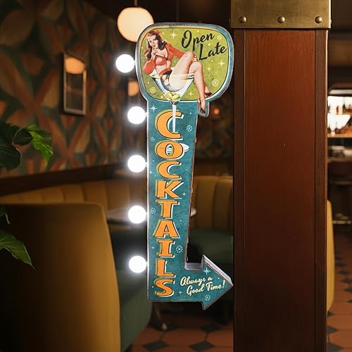 American Art Decor Vintage 'Cocktails' Double-Sided LED Metal Sign - "Open Late" Retro Marquee Wall Decor for Man Cave, Game Room, Home Bar, Brewery