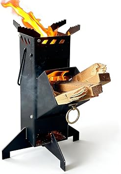 Portable Carbon Steel Wood Burning Rocket Stove, Black | Camping, Cooking, Heating