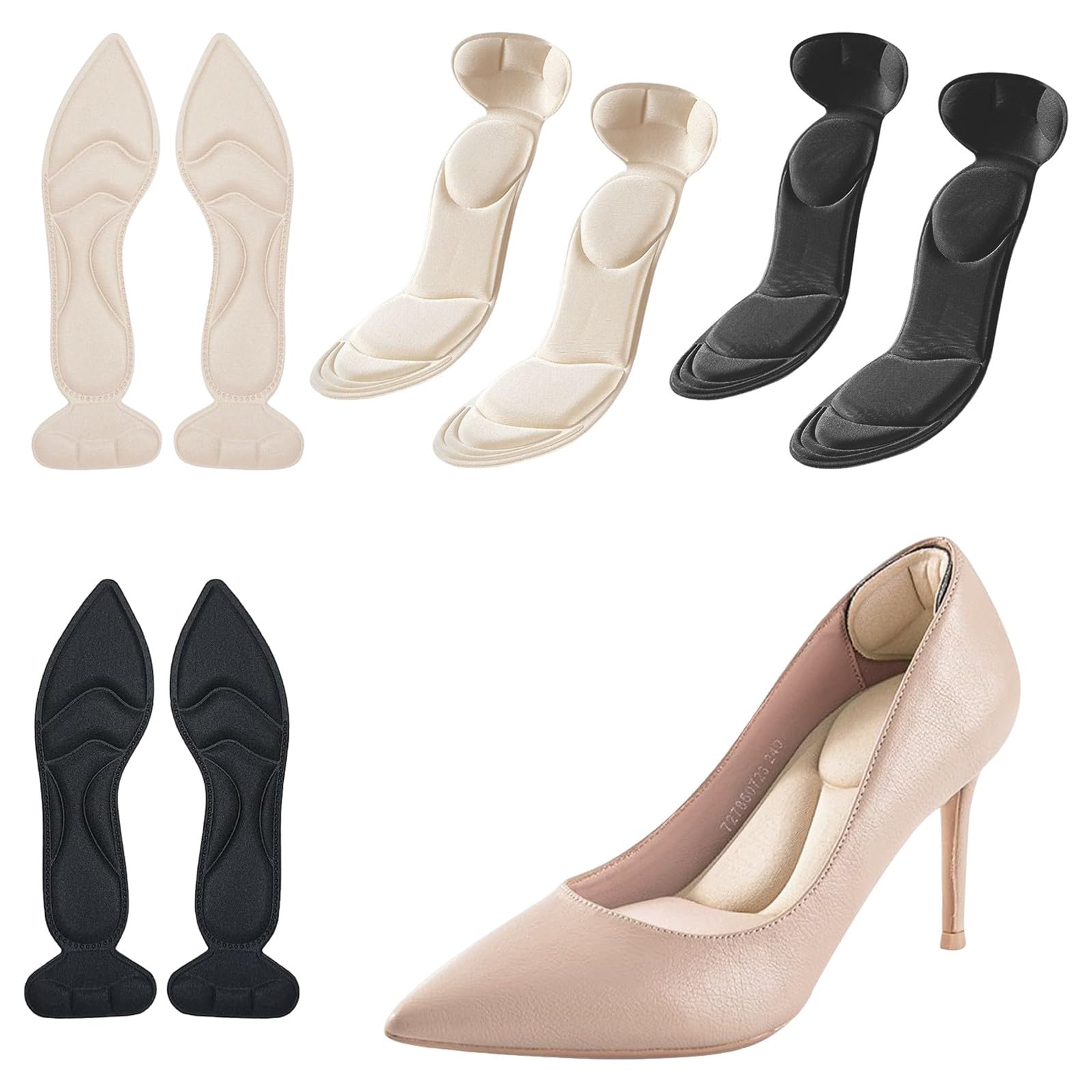 4 Paia Solette per Scarpe Grandi, Riduttore Numero Scarpe in Memory Foam per Tacchi Alti e Décolleté, Design 2-in-1 con Salva Tallone, 2 Modelli (Punta Tonda e Appuntita), Nero e Carne