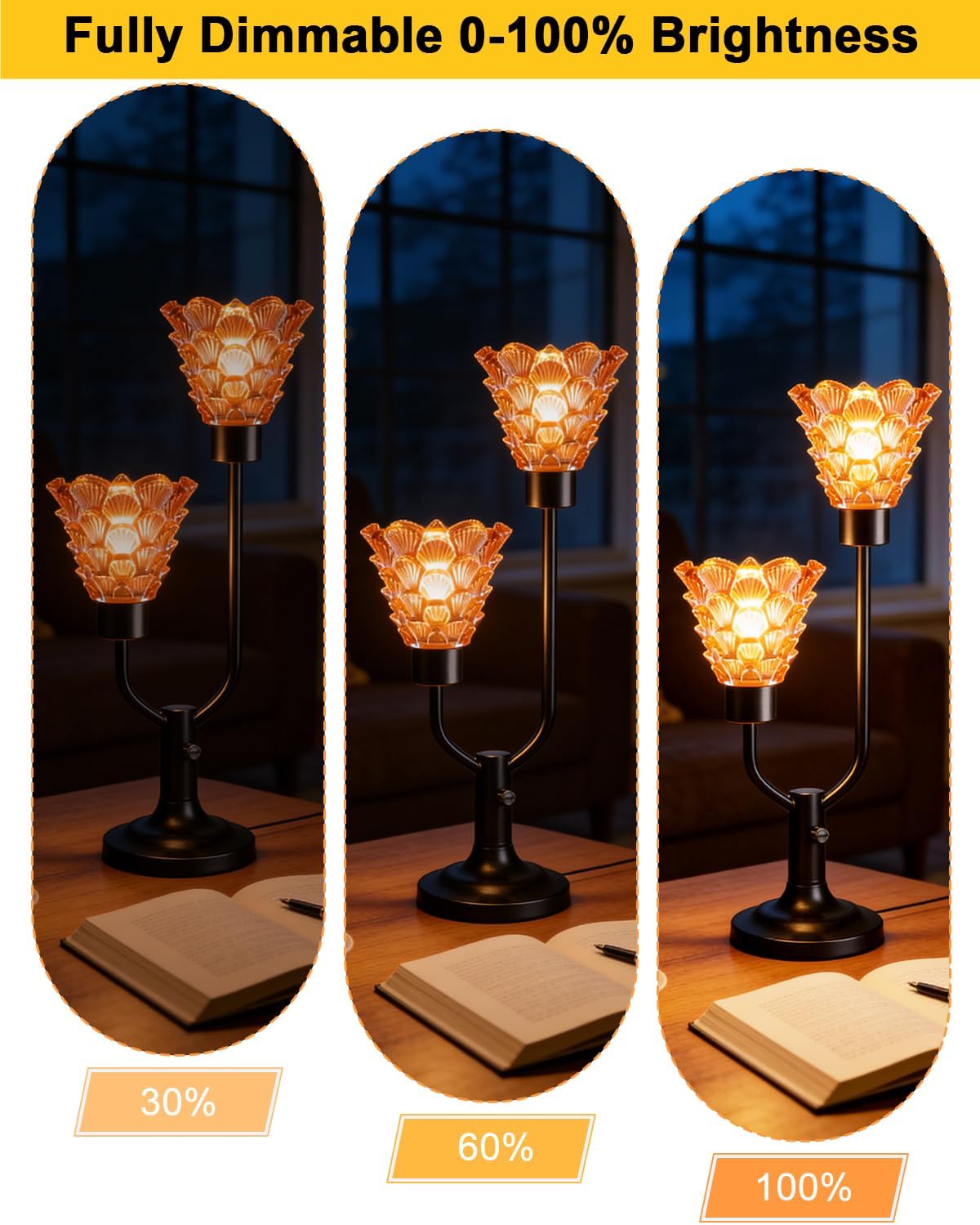 Lightdot Glass Table Lamp Dimmable Mid Century Modern Black Desk Lamp with Thickened Amber Glass 3 Bulbs Included 3000K Warmwhite Nightstand Lamp for Bedroom Bedside End Table