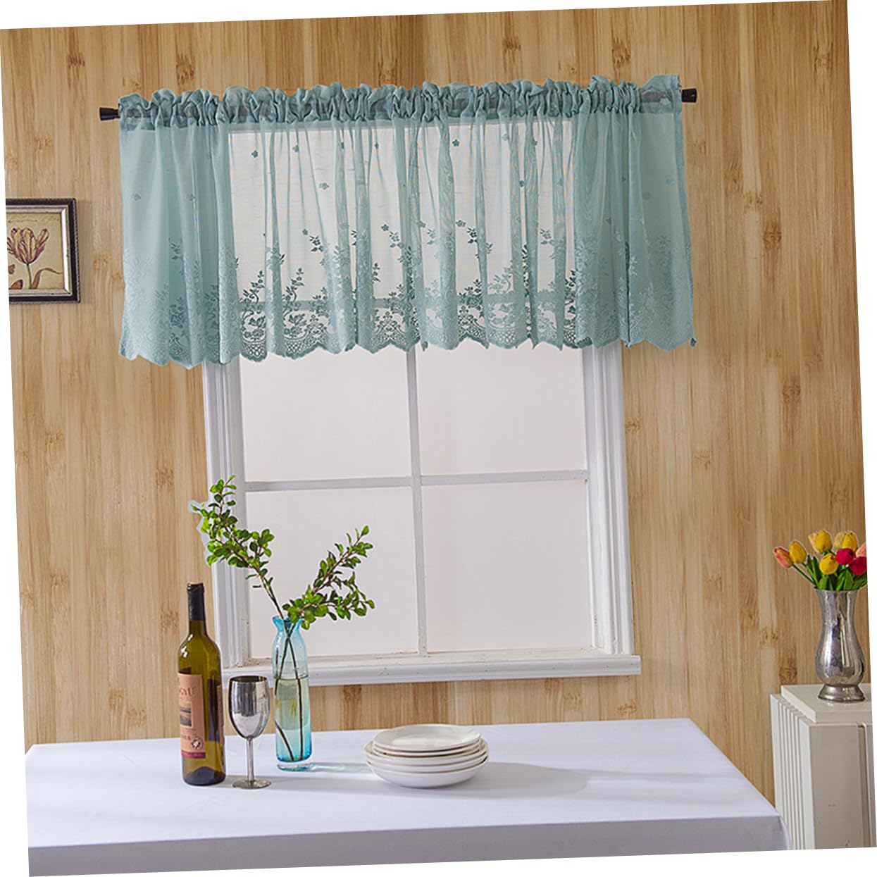 IMIKEYA 3pièces Petit Voilage Dentelle Bleue pour Fenêtre Et Cuisine Rideau Court Tulle Pratique Et Élégant