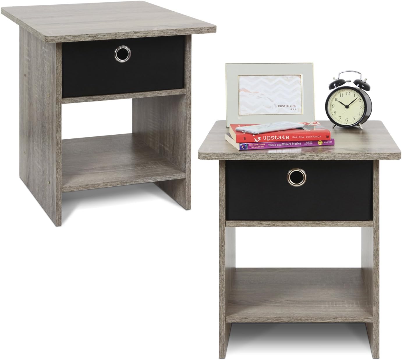 Furinno Dario End Table / Side Table / Night Stand / Bedside Table with Bin Drawer, 2-Pack, French Oak Grey/Black