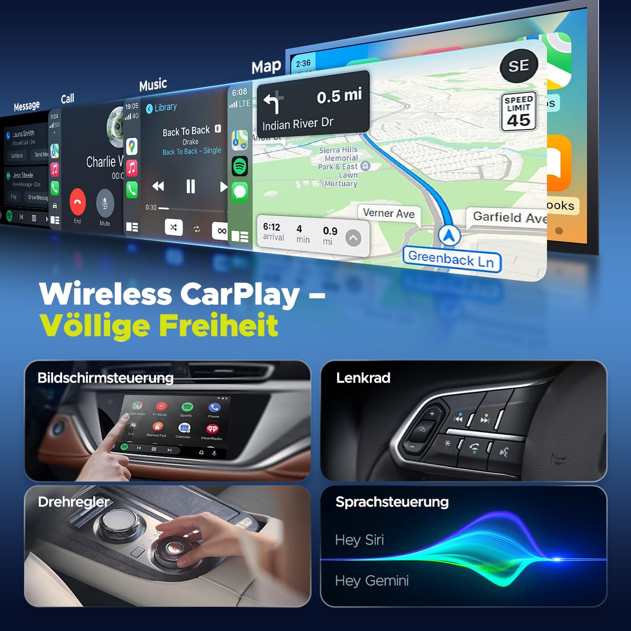 LAMTTO Wireless CarPlay Adapter AI Box mit Google Play App-Download & Gemini AI für CarPlay & Android Auto Dual-Band WLAN Bluetooth HDMI Output USB Media Playback AirPlay OTA Adapter Auto 4 IN 1
