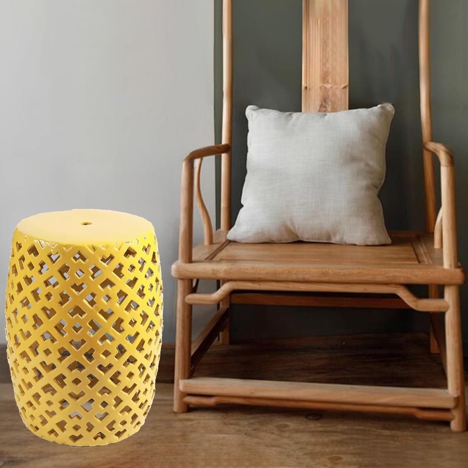 Ceramic Decorative Garden Stool, Chinese-Style Drum Stool, Hollowed Glazed Accent Stool, Glazed Hand-Painted Drum Stool - Makeup Stool, Side Table, Footstool(Orange)