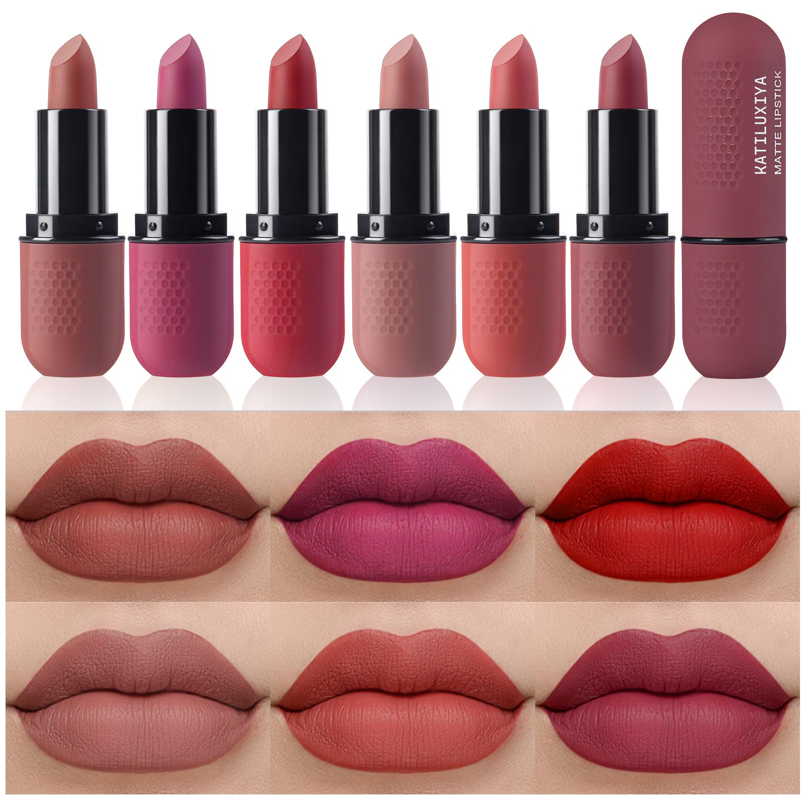Katiluxiya 6Pcs Red Velvet Matte Lipstick Set, High Pigmented Long-Lasting Waterproof Lip Stick Lip,Moisturizing balms, Sheer tint, Shine & Glowy Finish,Stain Makeup Gift Sets. (2, Color)