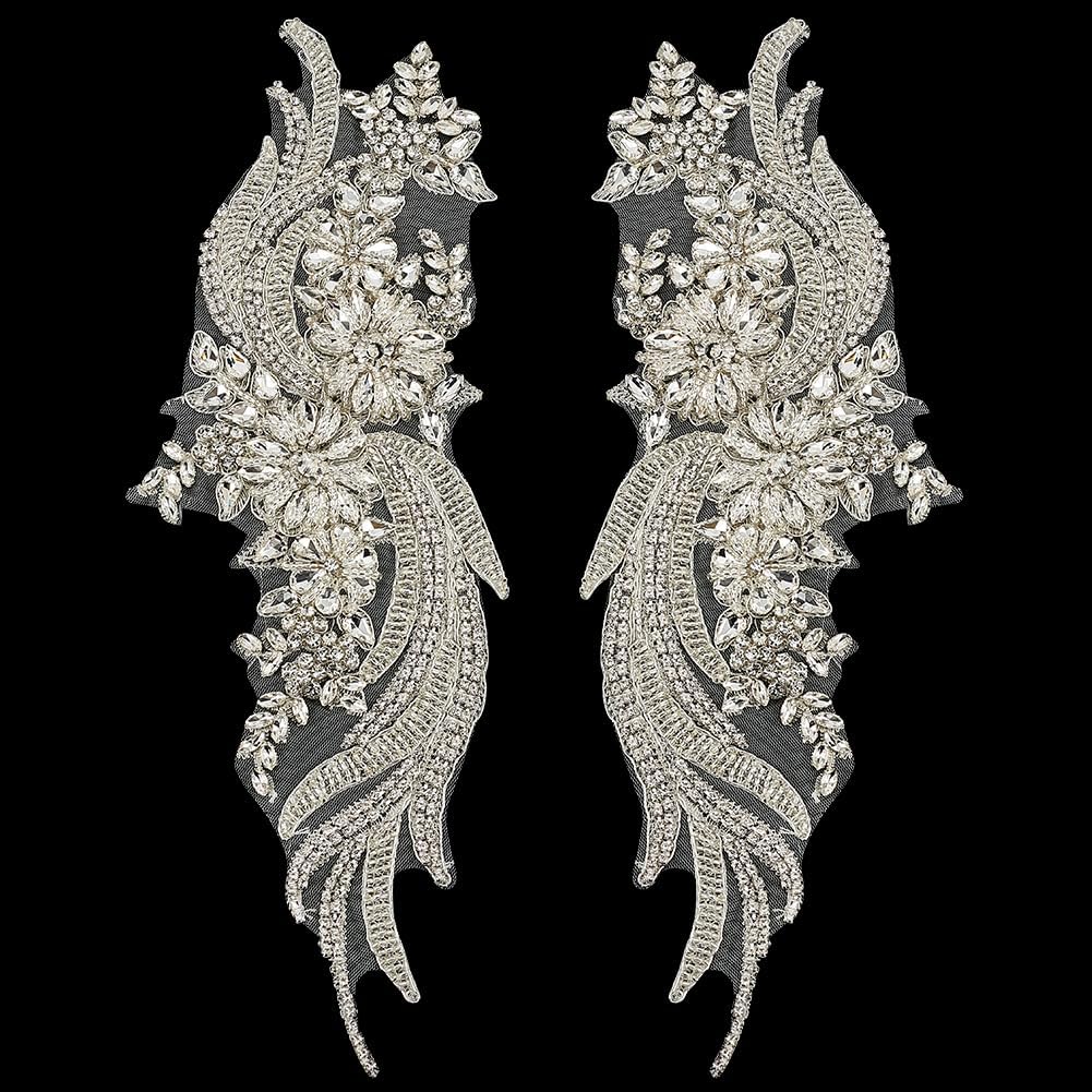 FINGERINSPIRE 1 Pair Rhinestons Clothing Applique Patch Sew on Crystal Embroidery Fabric Patch Handmade Silver Flower Rhinestons Crystal Patches for Wedding Dress Decoration Dress Clothes Accessory