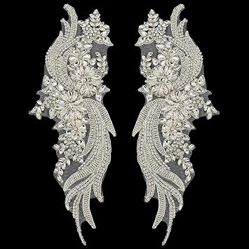 FINGERINSPIRE 1 Pair Rhinestons Clothing Applique Patch Sew on Crystal Embroidery Fabric Patch Handmade Silver Flower Rhinestons Crystal Patches for Wedding Dress Decoration Dress Clothes Accessory
