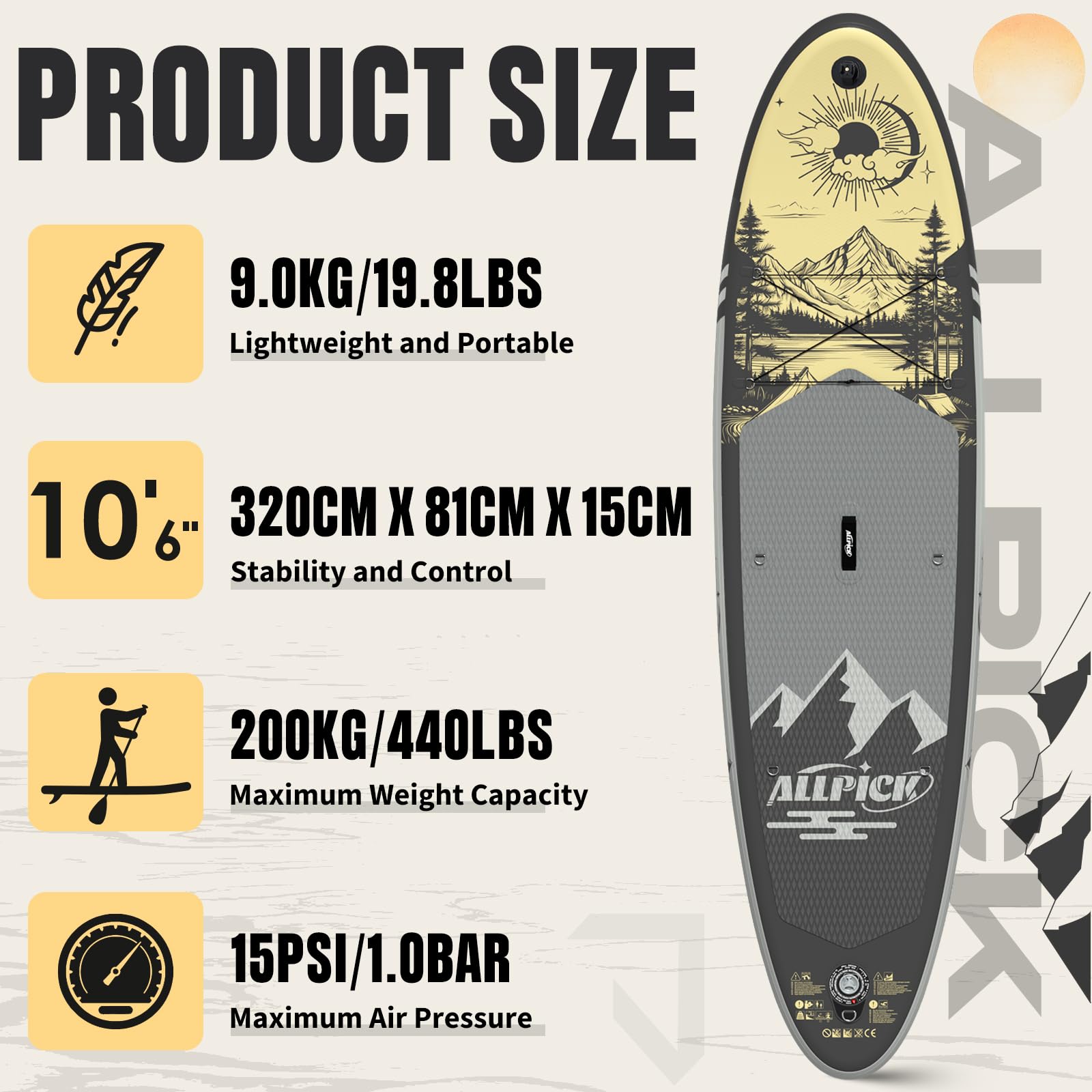 ALLPICK Sup Gonfiabile, Stand Up Paddle Board Gonfiabile, Con Supporto Universale per Fotocamera, Accessori Completi, Tavola da Sup Surf, Principianti e Avanzati, 150kg/180kg