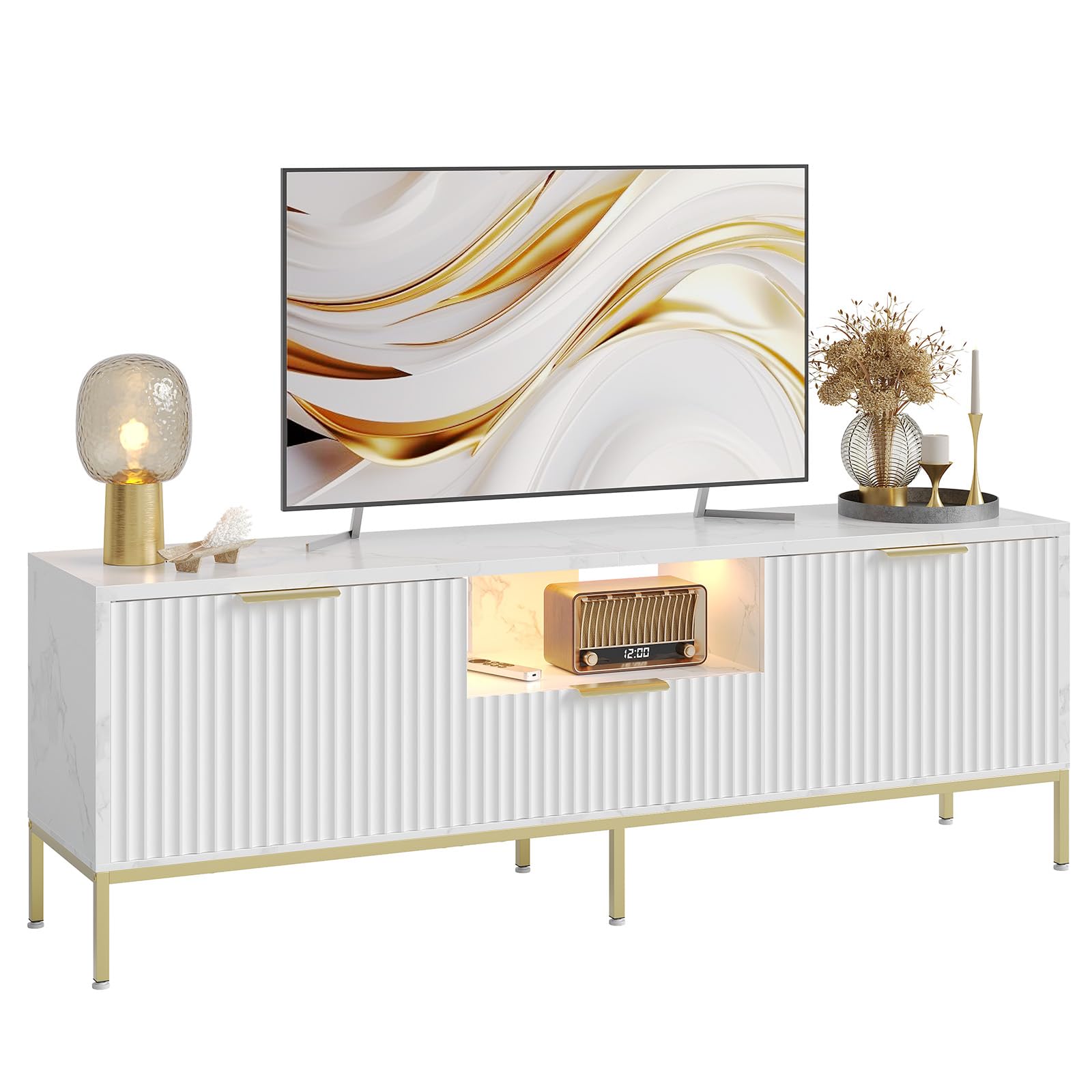 Bestier Mobile TV con superficie scanalata per TV da 32/60", moderno centro di intrattenimento con spazio di archiviazione, console multimediale con motivo ondulato per soggiorno e camera da letto