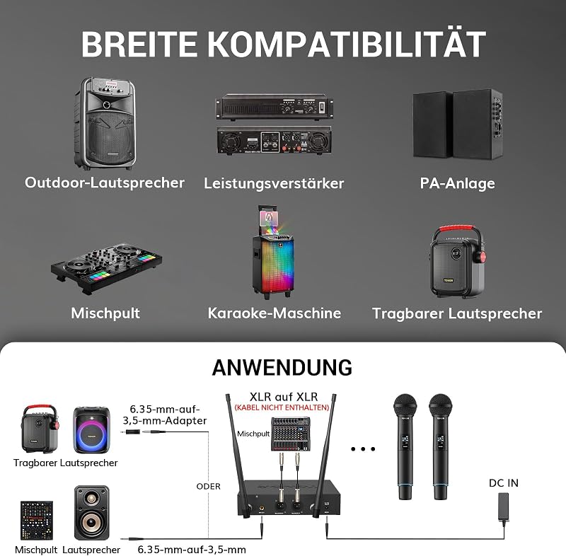 TONOR TW750 Vezeték Nélküli UHF Mikrofon Szett, 2 Tölthető Fém Mikrofon Fénygyűrűvel, 100m Hatótáv, Auto Scan Funkcióval Karaoke Partikhoz