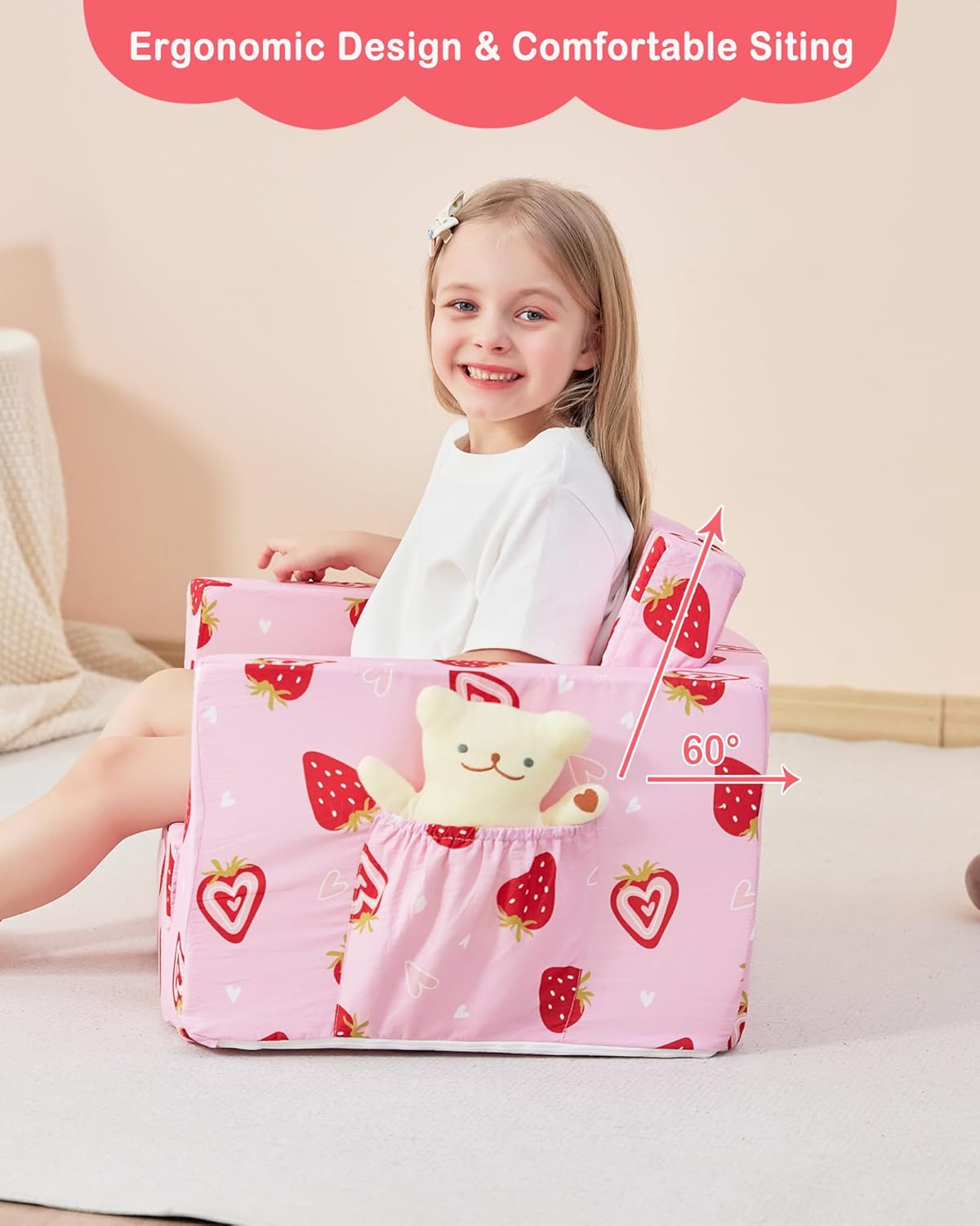 Toddler Couch, 2-in-1 Soft Kids Couch Bed Fold Out, Toddler Chairs Comfy for Boys & Girls, Convertible Kids Sofa to Lounge for Playroom, Gift for Birthday, Children's Day - Pink Strawberry - Image 6