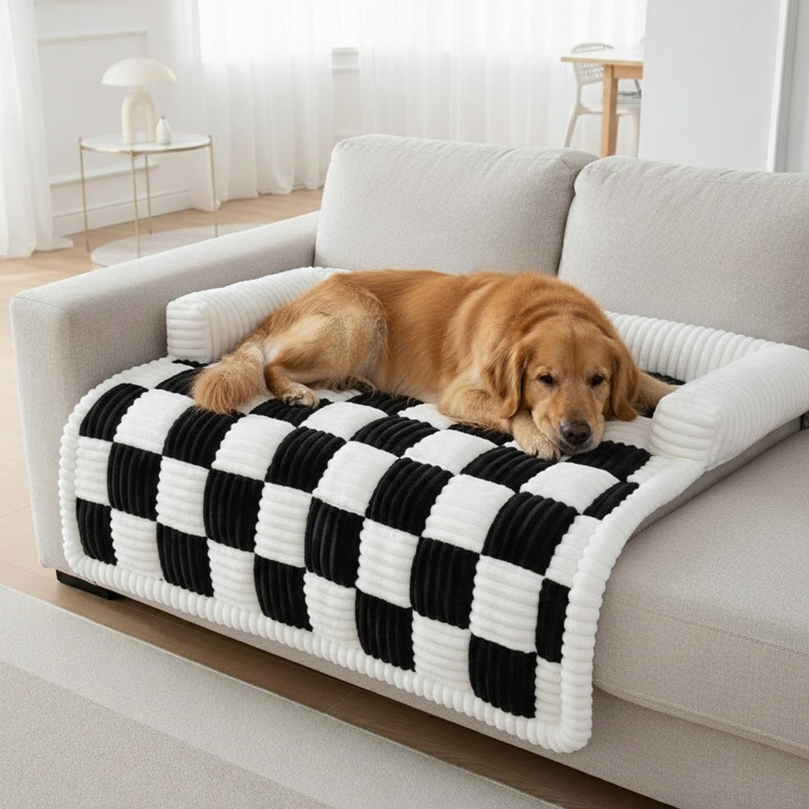 LiveGo Large Dog Bed for Sofa, Plush Chequered Dog Couch Cover with Bolster, Washable Pet Furniture Protector, Non-Slip Calming Sofa Throw for Medium & Large Dogs (Brown & White) (Black, 90 * 90cm)