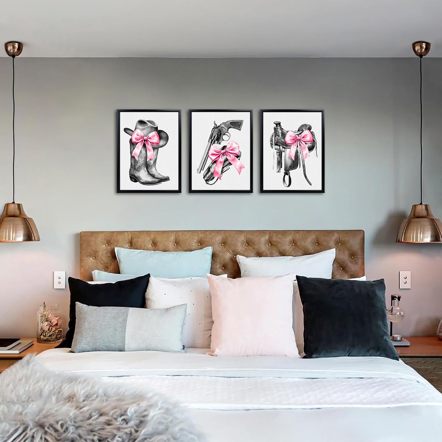 KREATIVE ARTS Cowgirl Wall Art Set of 3 Pink Boots Hat Saddle Bow Print Canvas with Black Frame Teen Girl Room Decor Western Aesthetic Dorm Bedroom Wall Art 12x16 Inch - Image 3