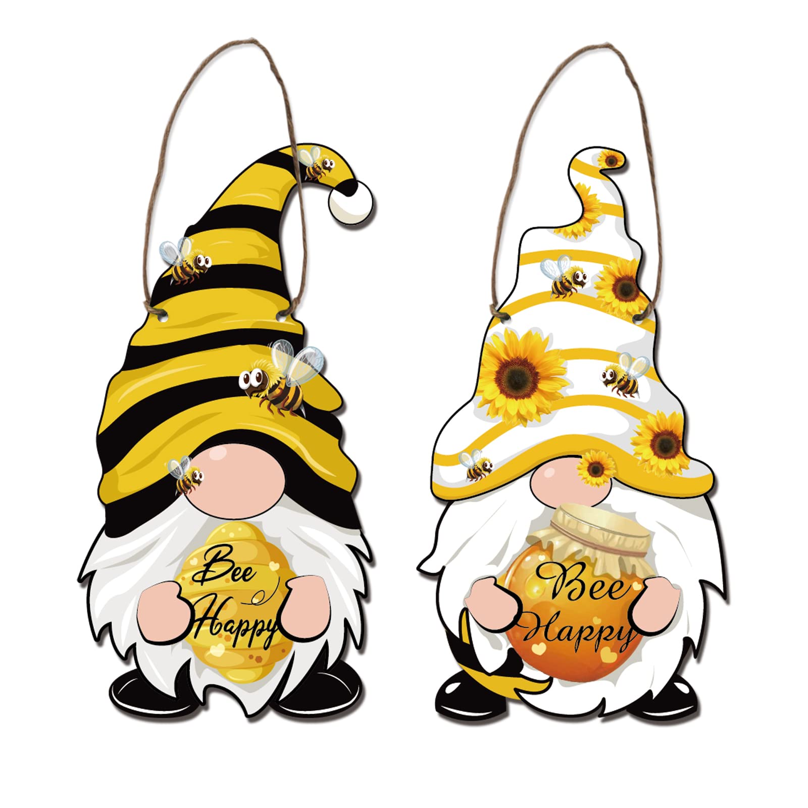 NBEADS 2 Pcs Bee Gnome Wooden Sign, Bee Happy Home Hanging Decor Bumble Bee Door Sign Gifts Farmhouse Wall Hanging Plaque with Jute Twine for Farmhouse Living Room Decor, about 28×14.3cm