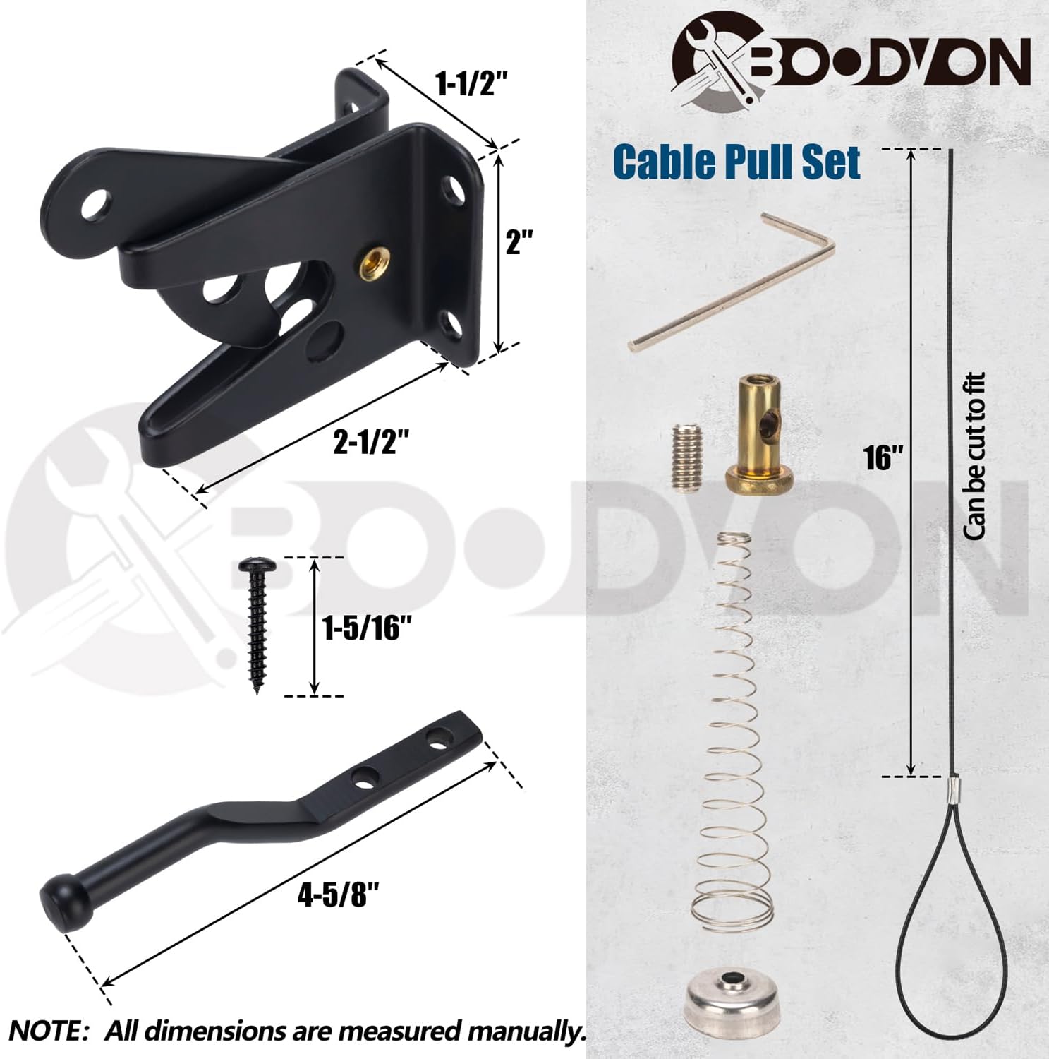 Self Locking Gate Latch with Spring Cable Pull for Wooden Fence Heavy Duty, Gravity Lever Fence Gate Latches for Outdoor Secure Pool Garden Shed, Black Finish, 1 Pack