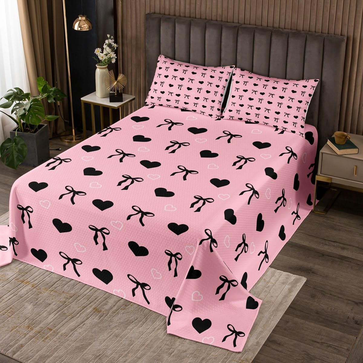 jejeloiu Bow Tie Bedspread Twin Size Heart Love Coverlet Set for Kids Boys Girls Decor Bow Quilted Coverlet Pink Black Romantic Bedroom Decor