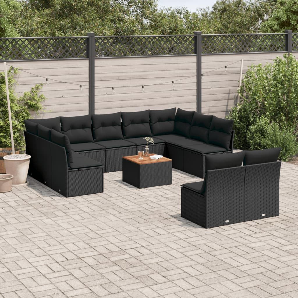 Set Divani da Giardino 12 pz con Cuscini Nero in Polyrattan per Esterno, Lounge Modulare, Tavolo in Legno di Acacia, Resistente agli Agentia Atmosferici, per Relax e Aperitivi
