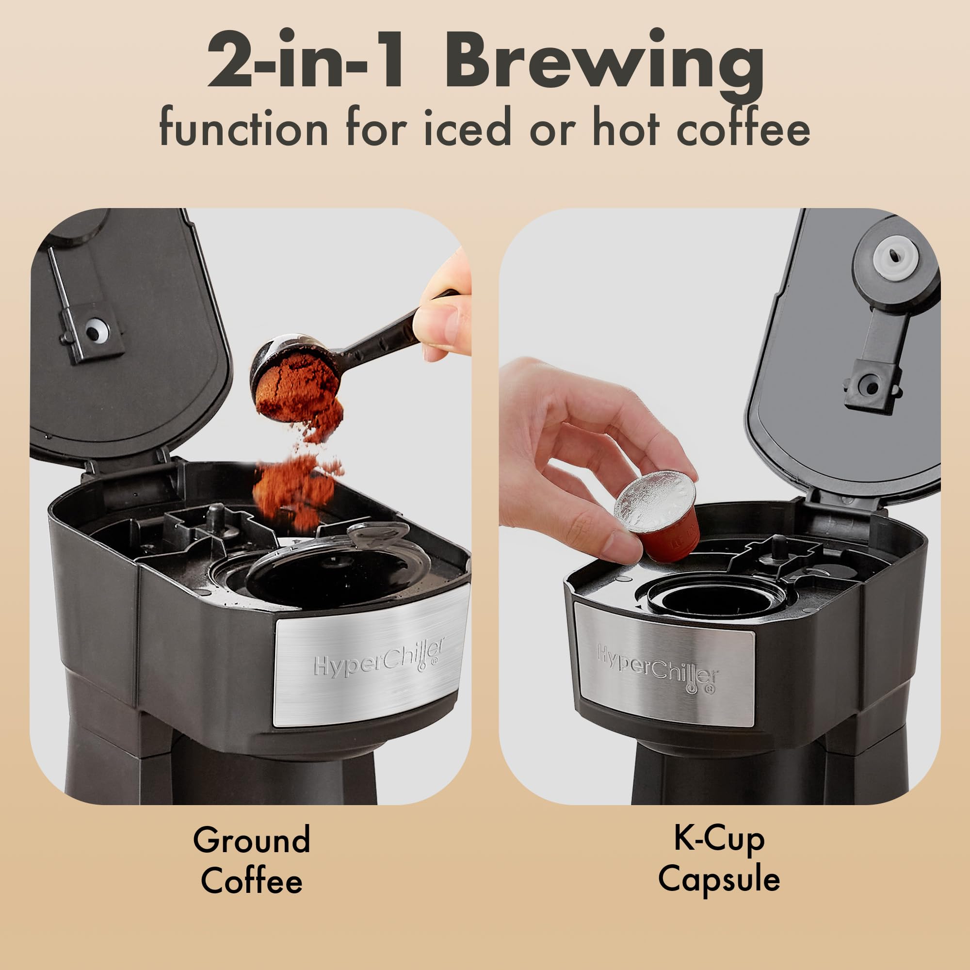 HyperChiller EHC210N - Cafetera helada/caliente, K-Cup o café molido, 8, 10 o 12 onzas, soporte extraíble para K-Cup y filtro de malla reutilizable, bandeja de goteo, negro/acero inoxidable