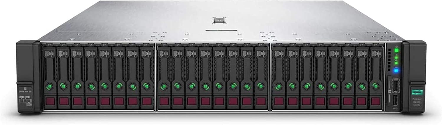 HPE Proliant DL380 Gen10 24B SFF, 2X Intel Xeon Silver 4114 2.20GHz 10-Core (20-cores Total), 256GB DDR4, P408i-a 2GB FBWC 12Gb/s SAS RAID, 24x HDD Trays (Renewed)