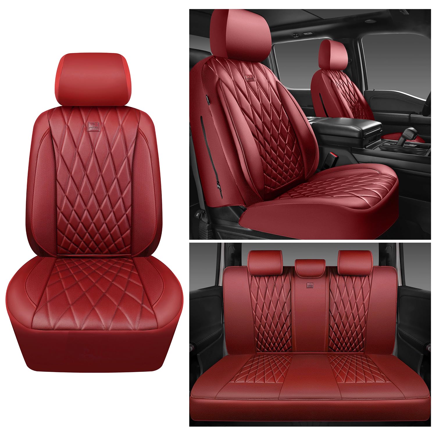 CAR PASS Piping Luxury Faux Leather Seat Covers Full Set, Premium Delux Anti-Slip Waterproof Automotive Seat Cover Universal Fit for Sedans Suvs Vans Trucks, Armrest & Airbag Compatible, Burgundy Red