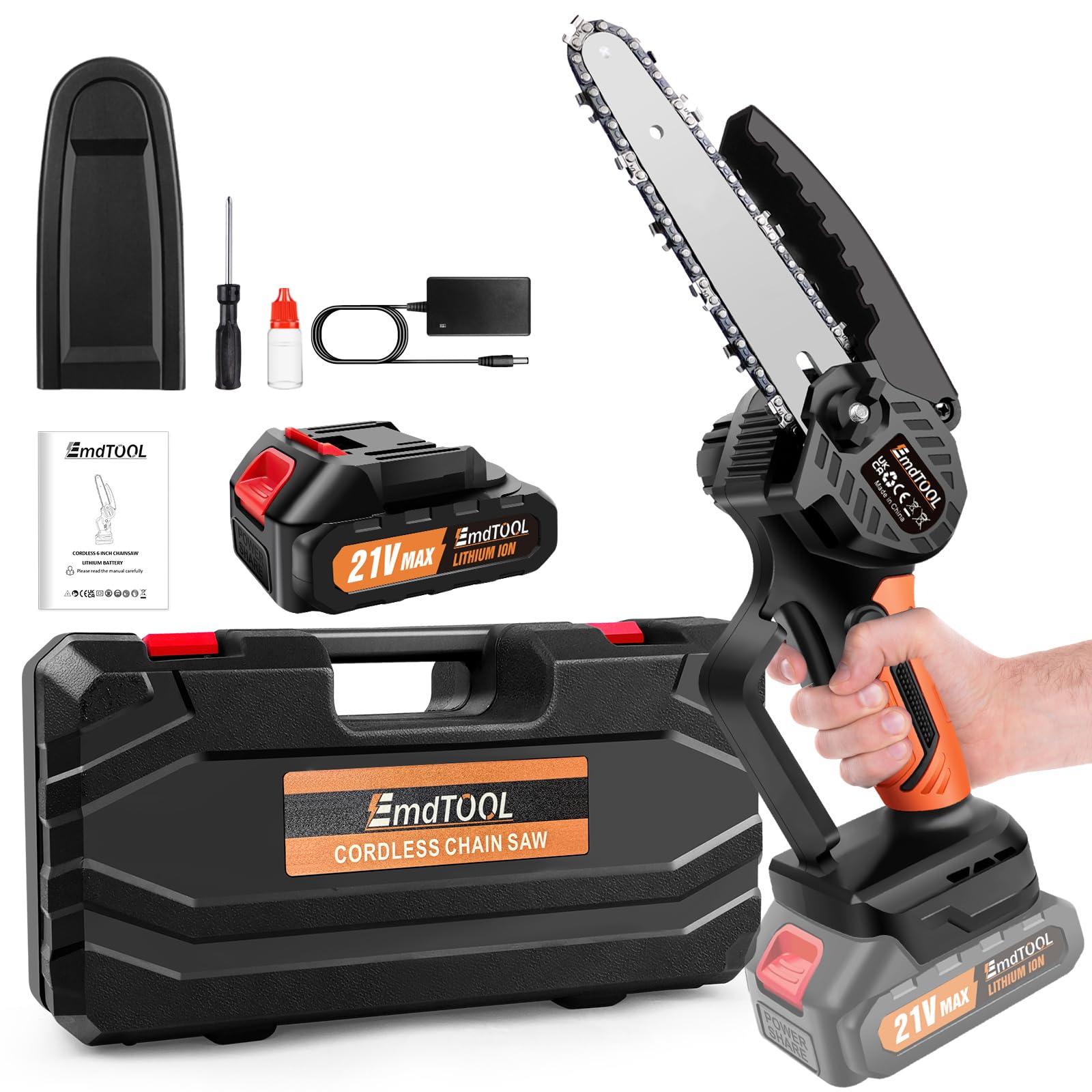 Cordless Mini Chainsaw 6 Inch Handheld Electric Chain Saw & Case for Tree Pruning, Trimming, Branch Cutting with 1 Battery Orange