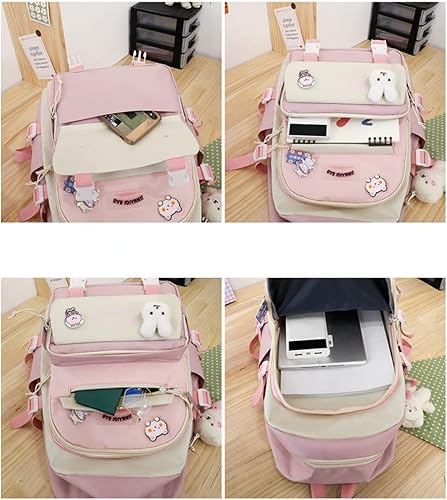 Miniatura 7 de Juego de 5 mochilas kawaii con colgante de oso y alfileres - Kit de mochila de conejito de anime japonés con diseño de retazos, Azul, Japonés