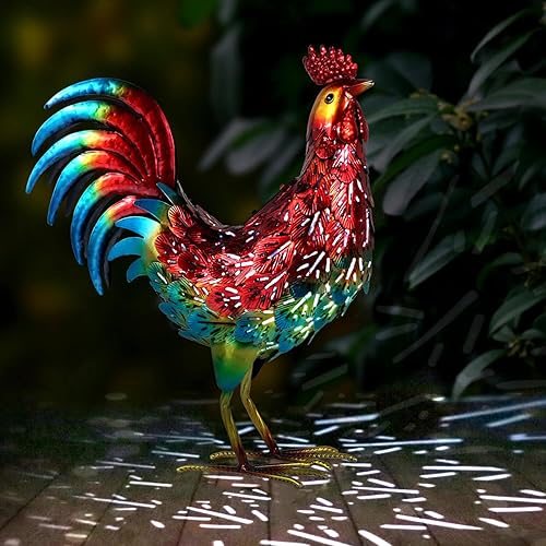 Kircust Luces solares de metal de gallo, esculturas de jardín, decoración artística, estatua de pollo de color de luz LED para exteriores, para