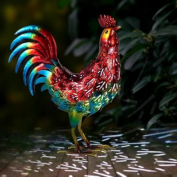 Kircust Solar Metal Rooster Animal Lights Garden Sculptures Art Decor، Outdoor LED Light Color Chicken Statue for Farm Patio Lawn Back Yard Home Decorations، 13.98 & quot؛ WX5.9 DX16.74 H