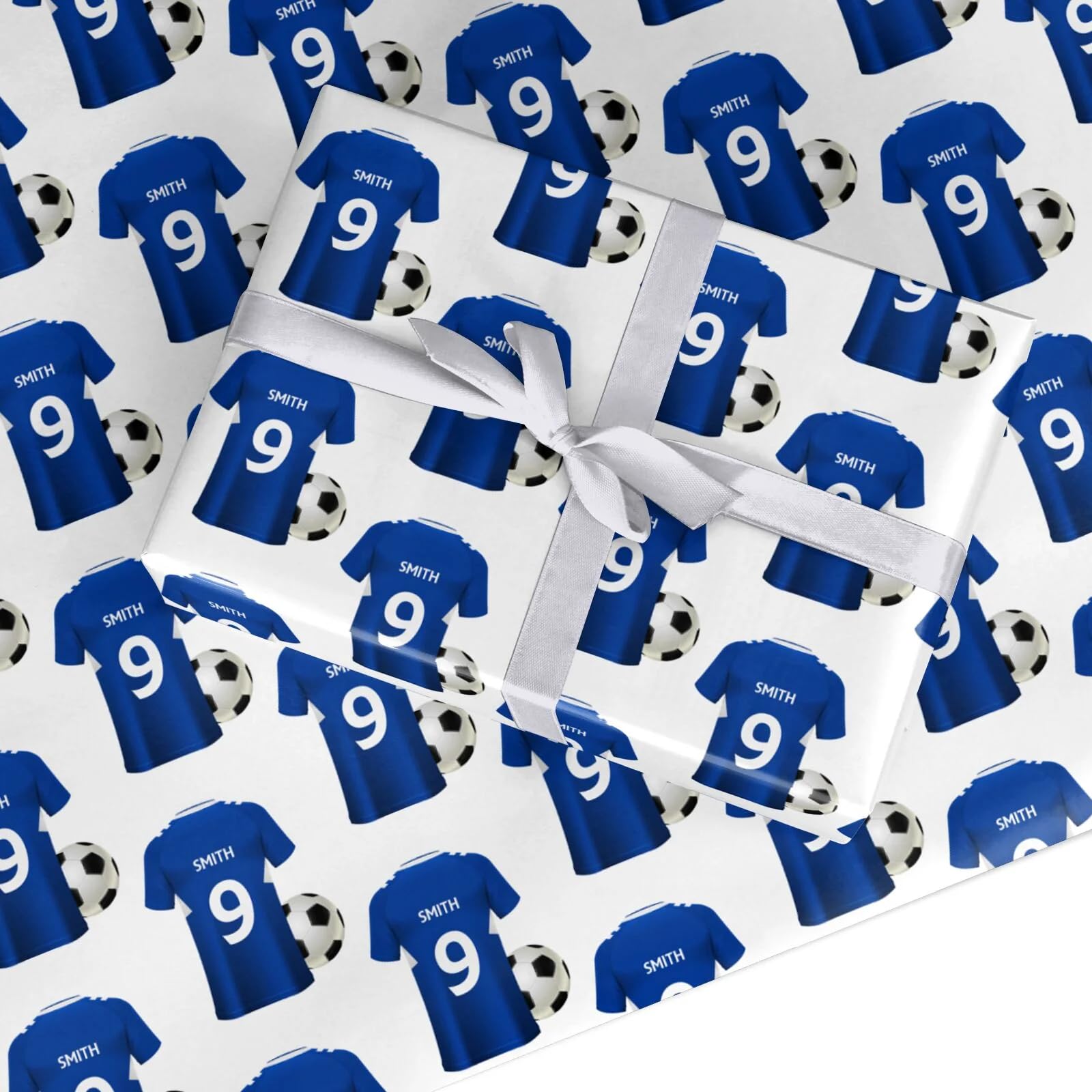 Blue Personalised Football Shirt Wrapping Paper Custom Birthday Gift Wrap - For Him Mens Dad Father's Day Christmas Boys Kids Adult - Any Name & Number - 1 Sheet (50cm x 65cm) — image 1