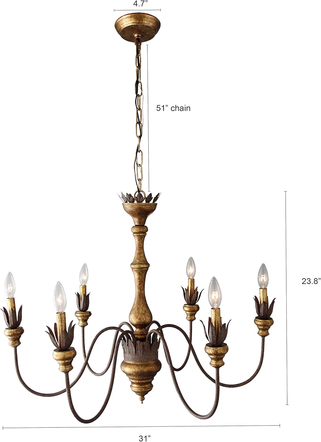 31 Inches Wide Weathered Cottage Chandelier Leaf-Shaped Metal Long Curving Arms Vintage-Look Foyer, Living Room, Dining Room or Bedroom