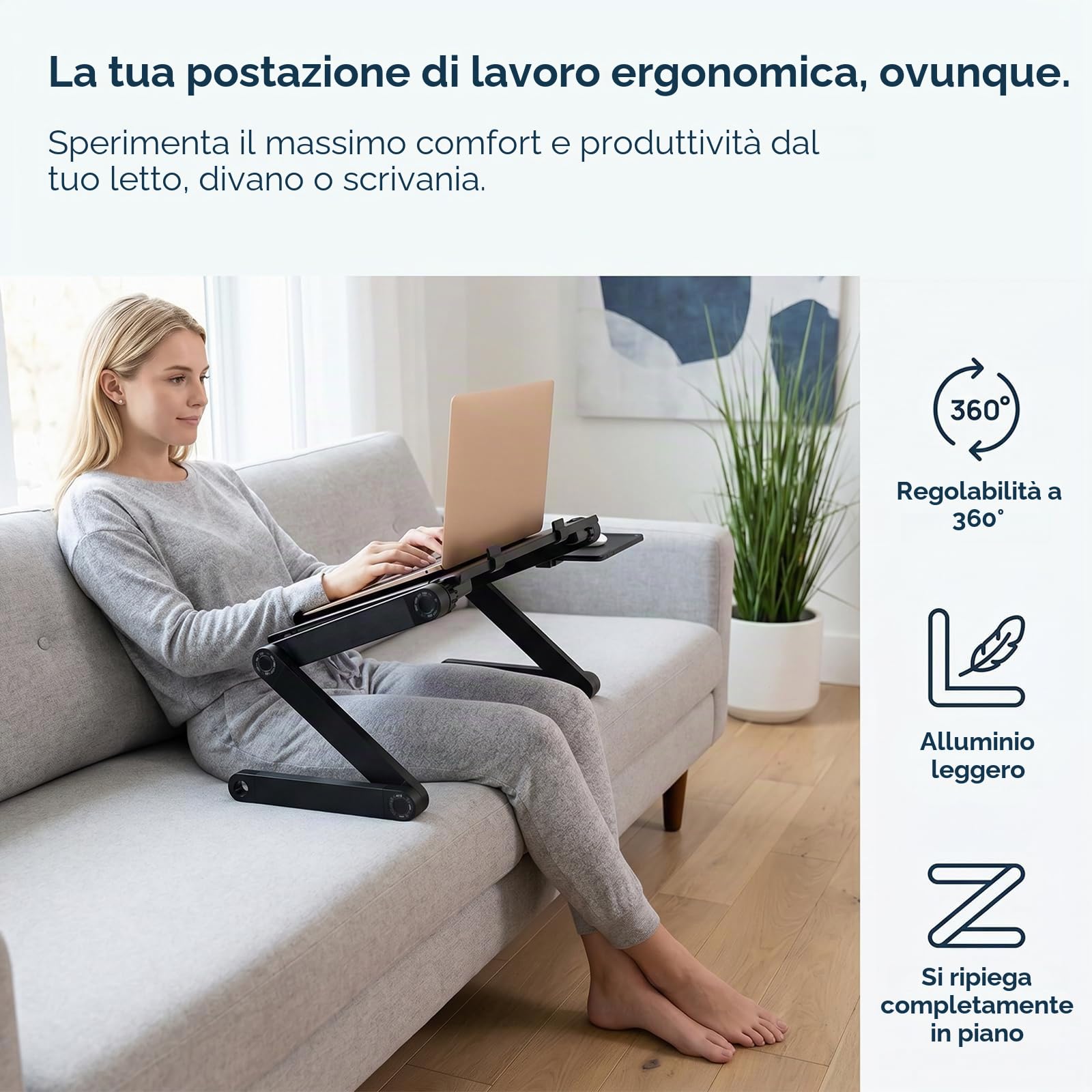 Ideal Swan Supporto PC Portatile Regolabile Laptop Stand Tavolino PC Regolabile Alluminio Supporto Notebook Computer con Pannello Porta Mouse per MacBook dell HP Samsung Lenovo Huawei - Nero